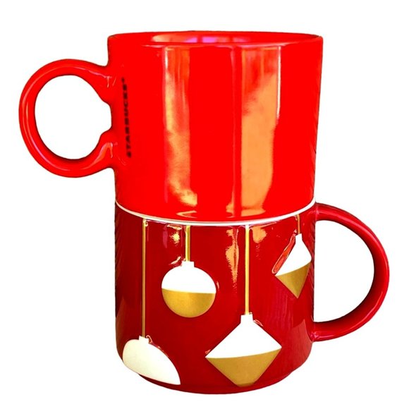 Two (2) Starbucks Christmas Coffee Mugs Red Gold Letters & Ornaments 2012 & 2017 - Picture 2 of 10